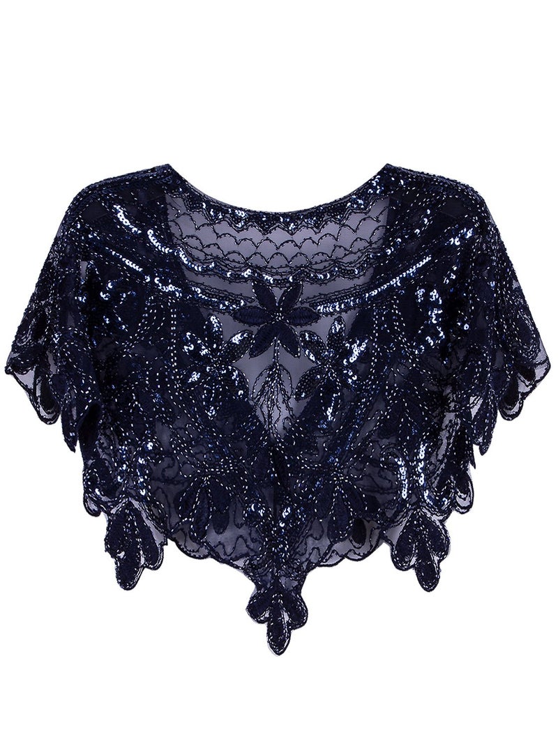 Vijiv Women's 1920s Shawl Deco Sequin Beaded Evening Cape Bolero Flapper Cover Up For Wedding Blue - Image 2